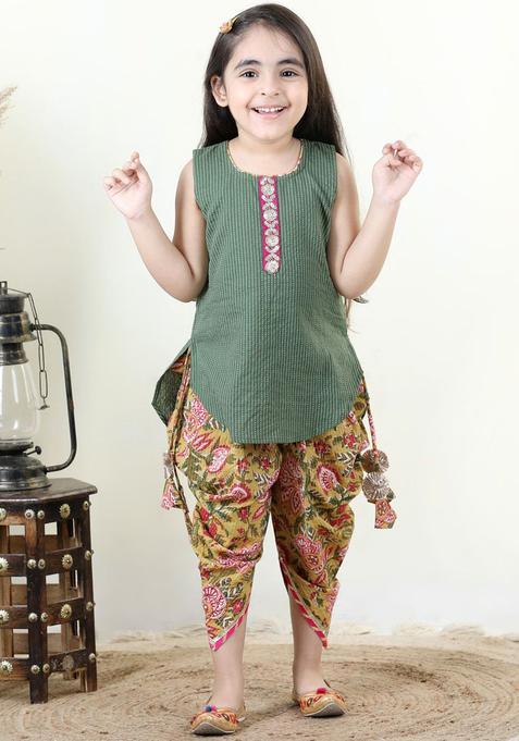 Green Striped Cotton Kurta Set For Girls — view on Indya