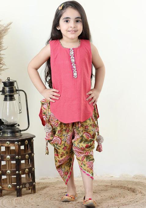 Green Striped Cotton Kurta Set For Girls — view on Indya