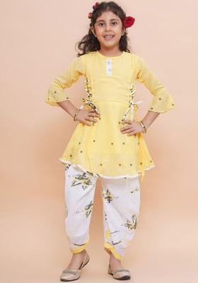 Yellow Solid Viscose Kurta Set For Girls
