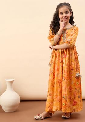 Mustard Printed Cotton Kurta Set For Girls