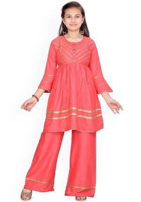 Orange Embroidered Cotton Kurta Set For Girls