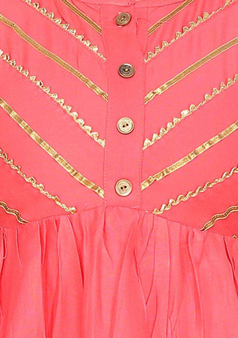 Orange Embroidered Cotton Kurta Set For Girls - Indya