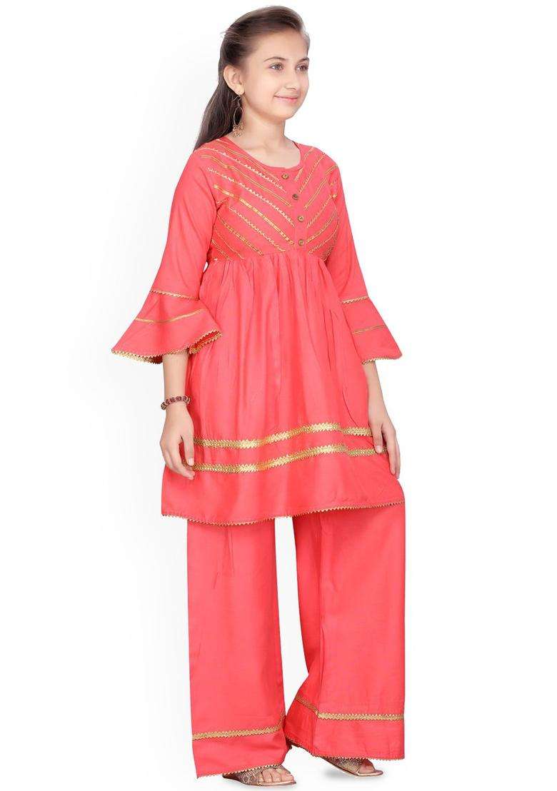 Orange Embroidered Cotton Kurta Set For Girls - Indya