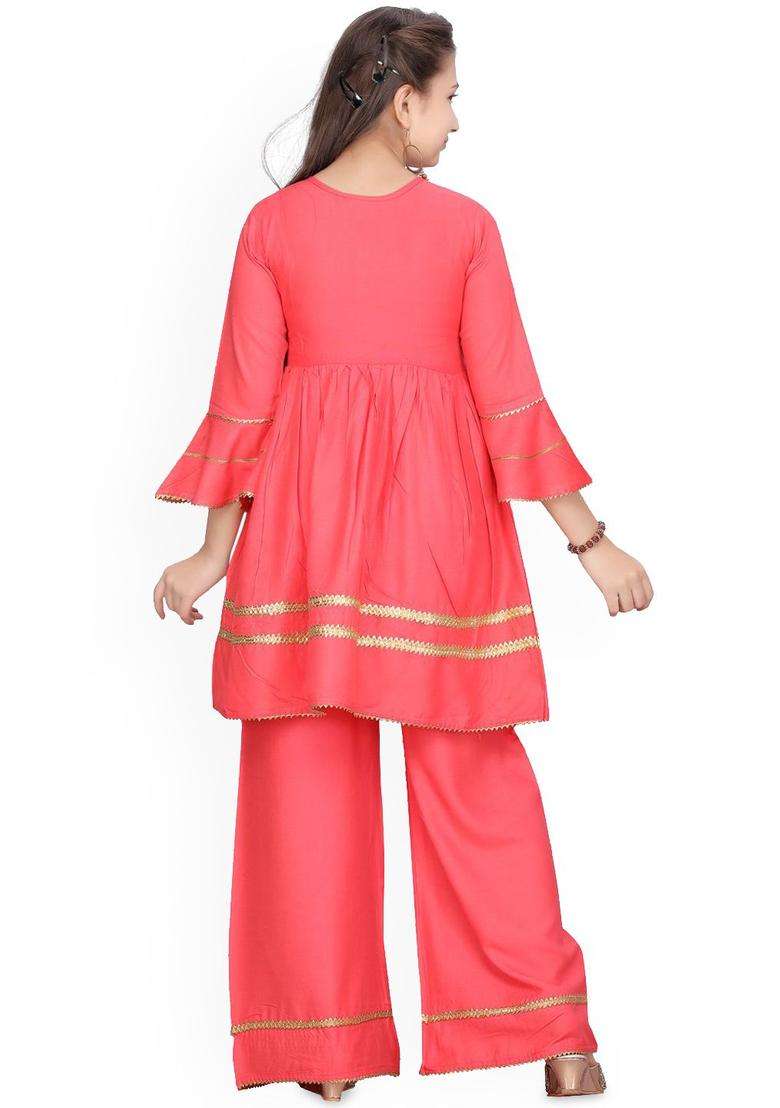 Orange Embroidered Cotton Kurta Set For Girls - Indya
