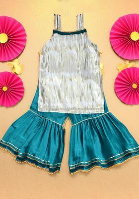 Green Self Design Silk Kurta Set For Girls