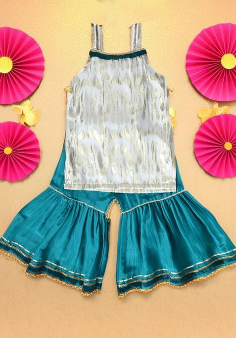 Green Self Design Silk Kurta Set For Girls — view on Indya