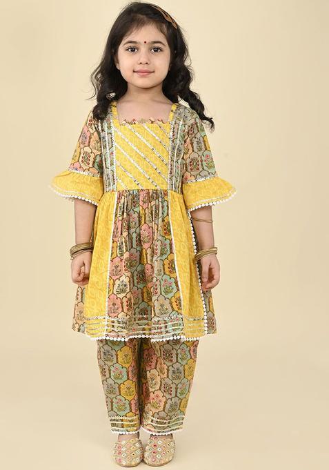 Yellow Printed Cotton Kurta Set For Girls — view on Indya