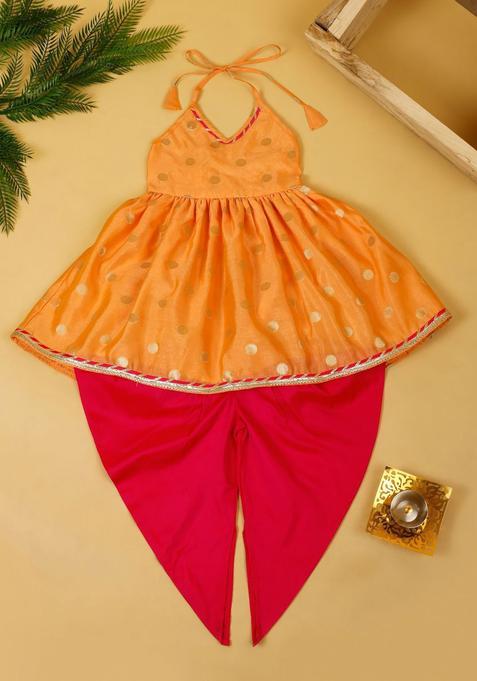 Peach Woven Design Chanderi Kurta Set For Girls — view on Indya