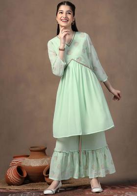 Green Printed Georgette Kurta Set For Girls