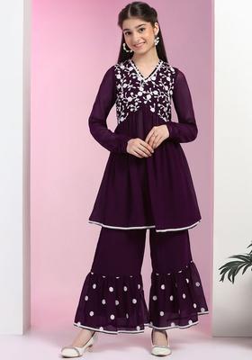 Purple Embroidered Georgette Kurta Set For Girls