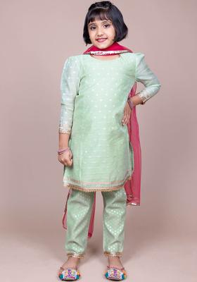 Green Woven Design Viscose Kurta Set For Girls