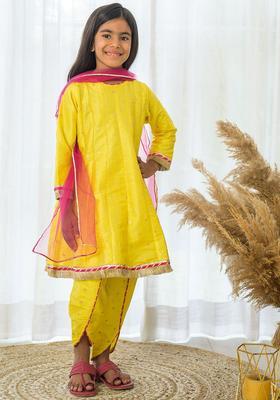Yellow Self Design Silk Kurta Set For Girls