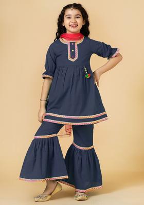 Navy Blue Solid Linen Kurta Set For Girls