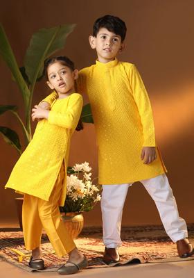 Yellow Embroidered Cotton Kurta Set For Girls