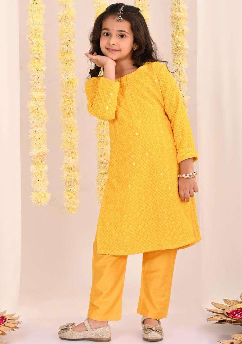 Yellow Embroidered Cotton Kurta Set For Girls - Indya