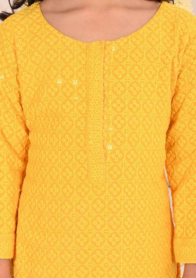 Yellow Embroidered Cotton Kurta Set For Girls - Indya