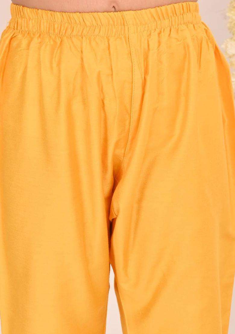 Yellow Embroidered Cotton Kurta Set For Girls - Indya