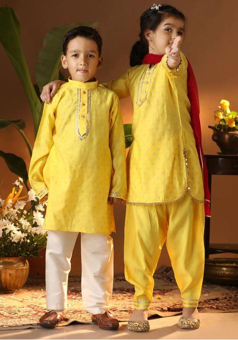 Yellow Printed Viscose Kurta Set For Girls — view on Indya