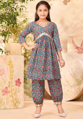 Turquoise Blue Printed Cotton Kurta Set For Girls
