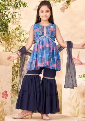 Blue Printed Georgette Kurta Set For Girls
