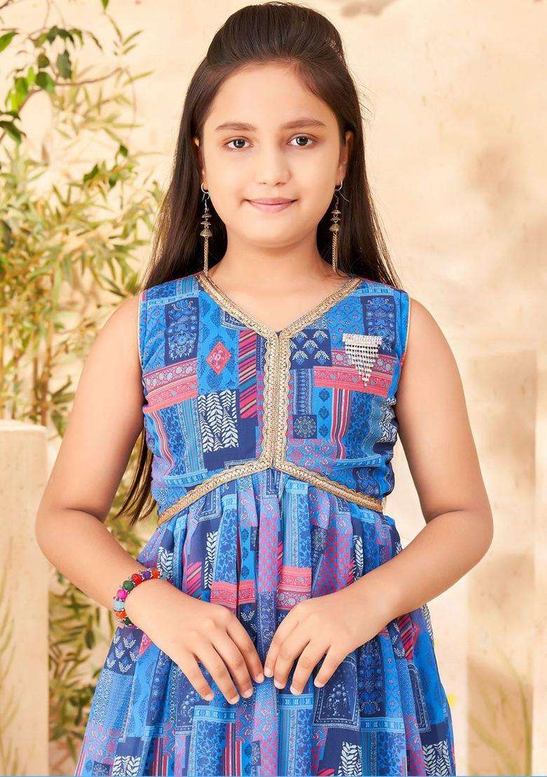 Blue Printed Georgette Kurta Set For Girls - Indya