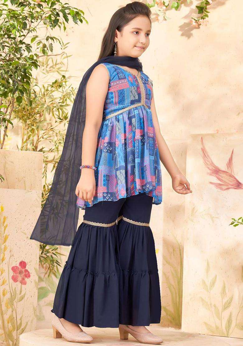 Blue Printed Georgette Kurta Set For Girls - Indya