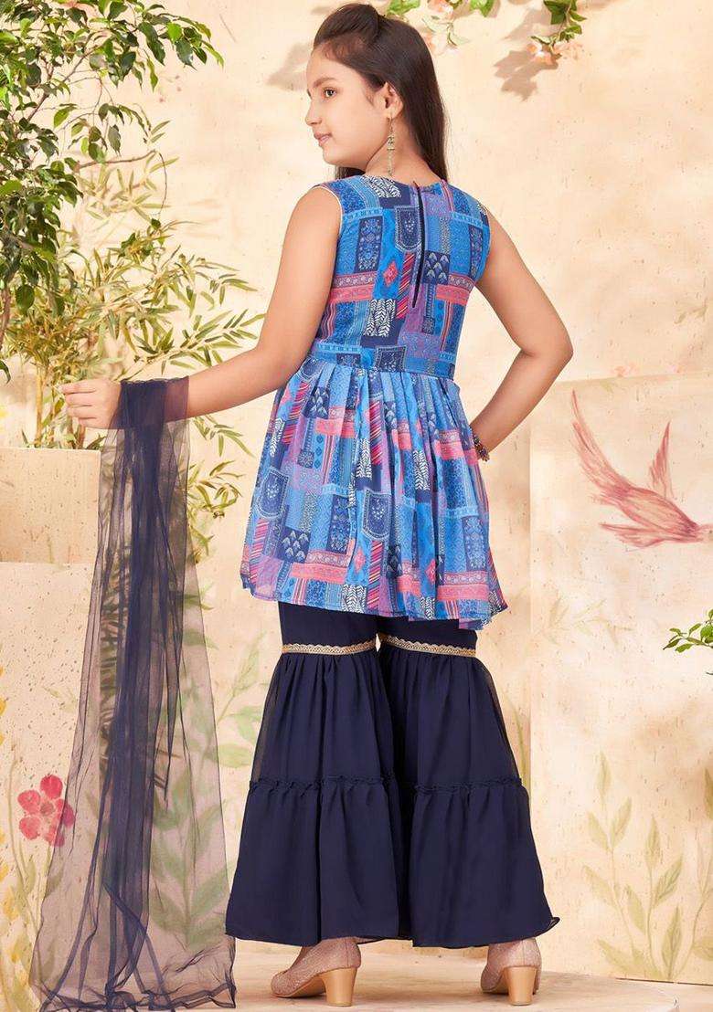 Blue Printed Georgette Kurta Set For Girls - Indya