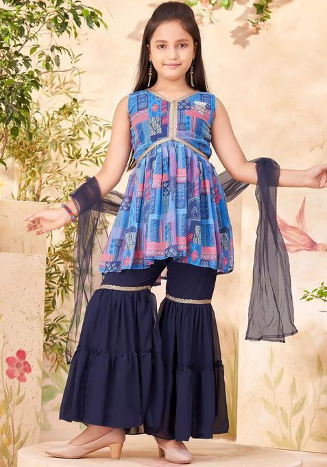 Blue Printed Georgette Kurta Set For Girls — view on Indya