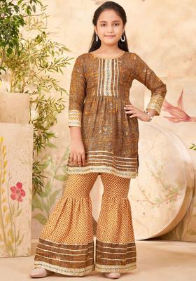 Mustard Printed Cotton Kurta Set For Girls