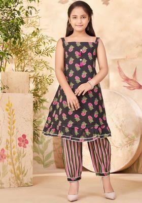 Black Printed Cotton Kurta Set For Girls