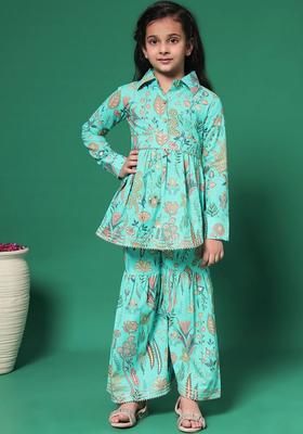 Turquoise Blue Printed Cotton Kurta Set For Girls