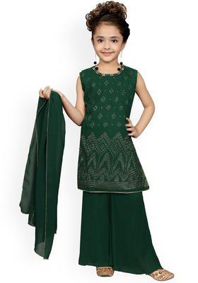 Green Printed Georgette Kurta Set For Girls