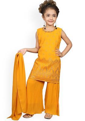 Yellow Embroidered Georgette Kurta Set For Girls