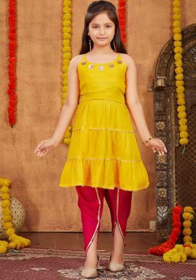 Yellow Solid Viscose Kurta Set For Girls