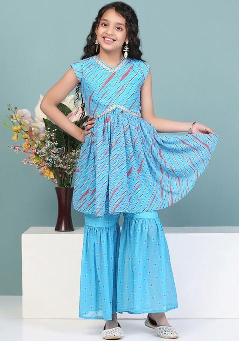 Blue Printed Georgette Kurta Set For Girls — view on Indya