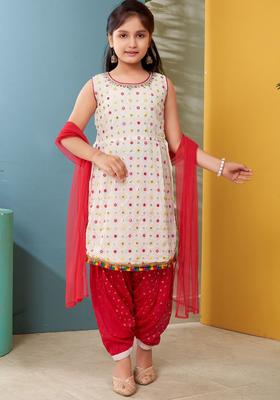 White Embroidered Georgette Kurta Set For Girls