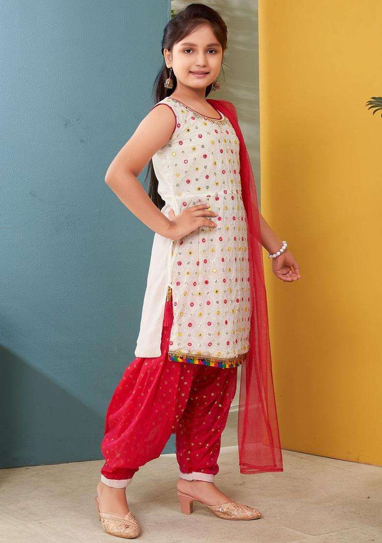 White Embroidered Georgette Kurta Set For Girls - Indya