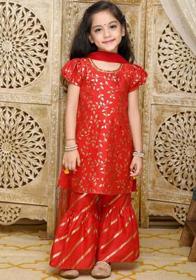 Red Printed Cotton Kurta Set For Girls
