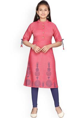 Red Printed Cotton Kurta Set For Girls
