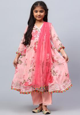 Pink Printed Silk Kurta Set For Girls