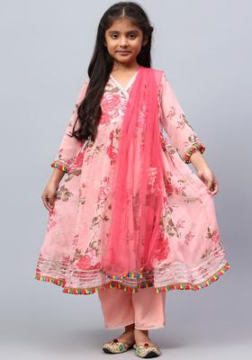 Pink Printed Silk Kurta Set For Girls