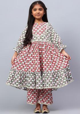 Red Printed Cotton Kurta Set For Girls