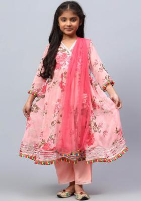 Pink Printed Silk Kurta Set For Girls