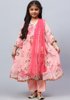 Pink Printed Silk Kurta Set For Girls