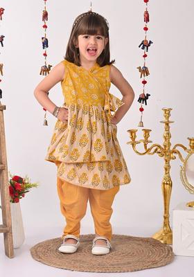 Mustard Printed Cotton Kurta Set For Girls