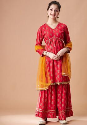 Red Printed Cotton Kurta Set For Girls
