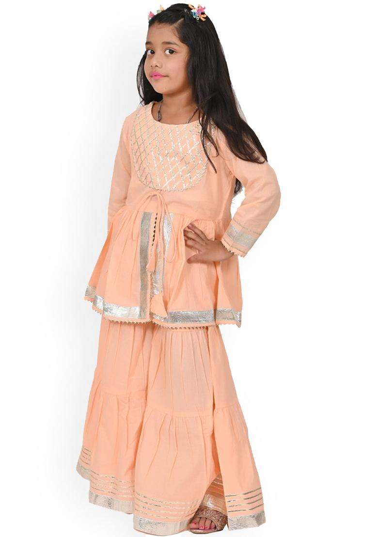 Peach Embroidered Viscose Kurta Set For Girls - Indya