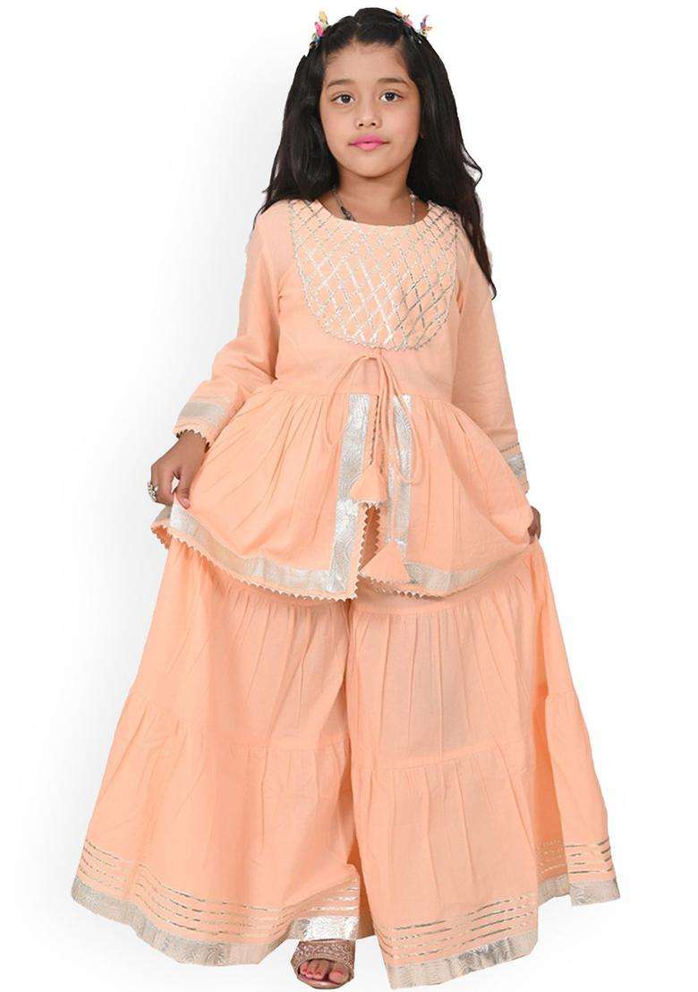 Peach Embroidered Viscose Kurta Set For Girls - Indya