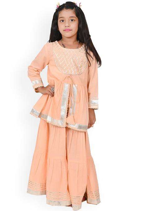 Peach Embroidered Viscose Kurta Set For Girls