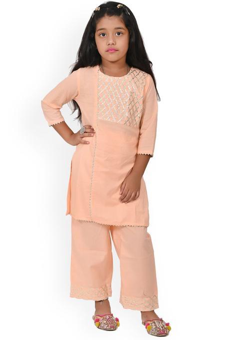 Peach Solid Viscose Kurta Set For Girls — view on Indya